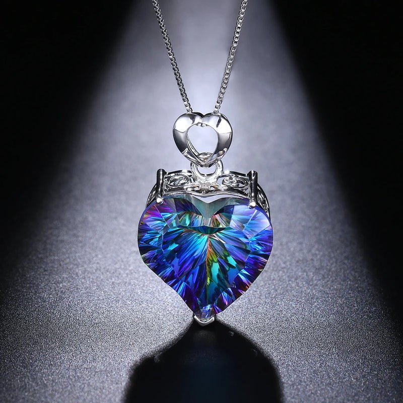 Love Heart Silver Rainbow Fire Topaz Pendant Necklace Chain 18 inch