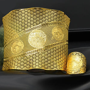 Ethnic Bridal Wide Cuff Bracelets Coin Bangle Ring Sets