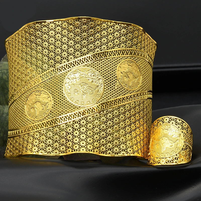 Ethnic Bridal Wide Cuff Bracelets Coin Bangle Ring Sets