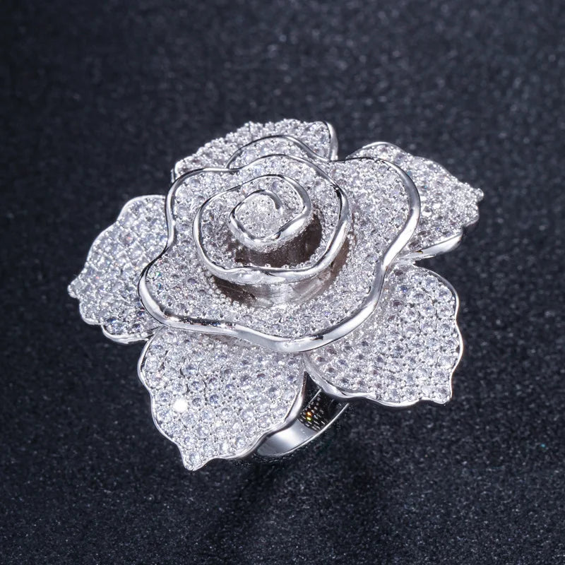 Big Flower Women Rings Plating Cubic Zircon Copper Wedding Ring