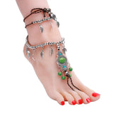 Bohemian Green Resin Stone Anklet with Silver Tassel