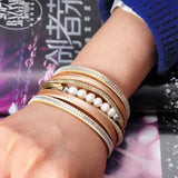 Vintage Multilayer Couple Bracelet Leather Crystal Wide Bracelets