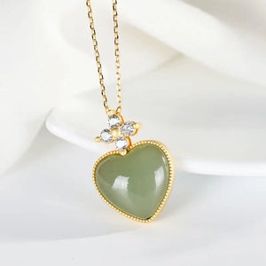 Hetian Gray Jade Heart Necklace Gold-Plated Zircon