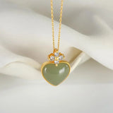 Hetian Gray Jade Heart Clavicle Chain Necklace Zircon Gold-Plated