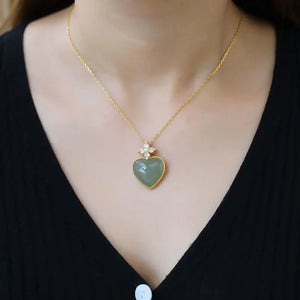 Hetian Gray Jade Heart Necklace Gold-Plated Zircon