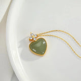 Hetian Gray Jade Heart Clavicle Chain Necklace Zircon Gold-Plated
