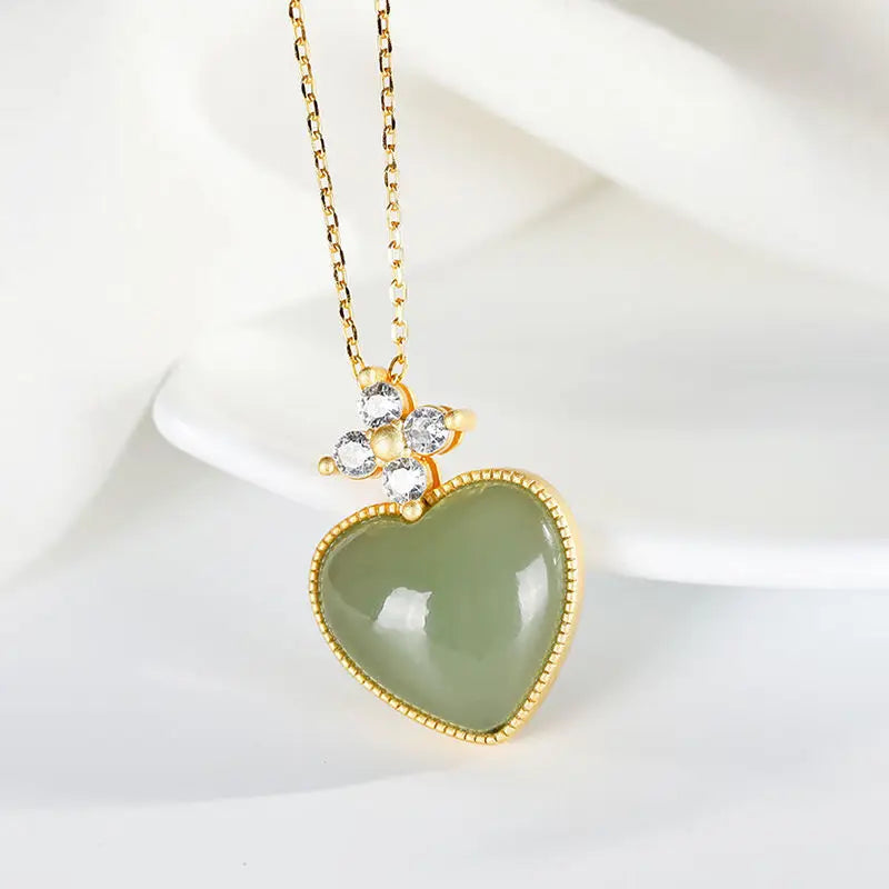 Hetian Gray Jade Heart Necklace Gold-Plated Zircon