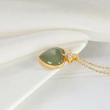 Hetian Gray Jade Heart Clavicle Chain Necklace Zircon Gold-Plated