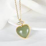 Hetian Gray Jade Heart Necklace Gold-Plated Zircon