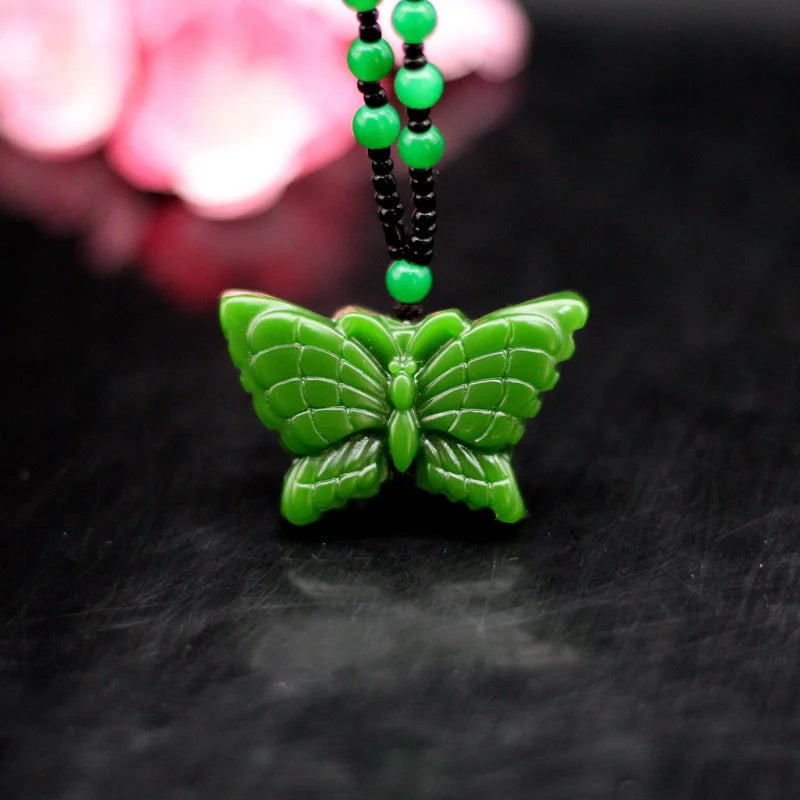 Hetian Green Jade Butterfly Pendant Necklace Natural Jadeite Charm Jewelry