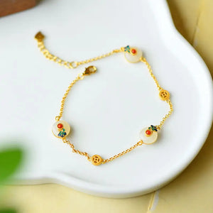 Hetian Jade Bracelet S925 Sterling Silver Plated Cloisonne Auspicious Cloud Peac
