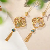 Chinese Style Tassel Pendant Silver Plated Cloisonne Gray Jade Gourd