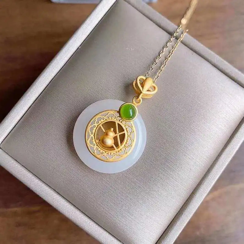 Hetian Jade Necklace Female Gourd Peace Buckle Safeness Ring Necklace