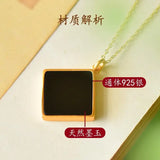 Women's Hetian Dark Jade Necklace - 925 Sterling Silver Gilding