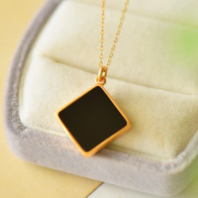 925 Silver Gilded Hetian Dark Jade Necklace Women's Pendant Clavicle Chain