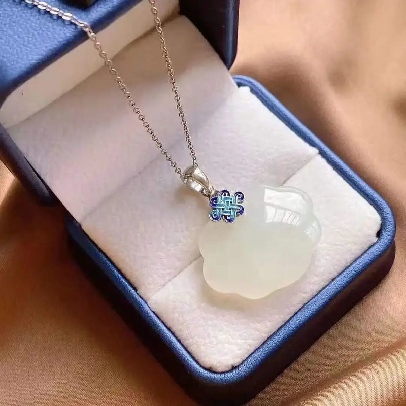Natural Hetian Jade Necklace with Sterling Silver Chinese Knot Pendant