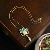 Sterling Silver Gilt Burnt Jade Pendant Necklace
