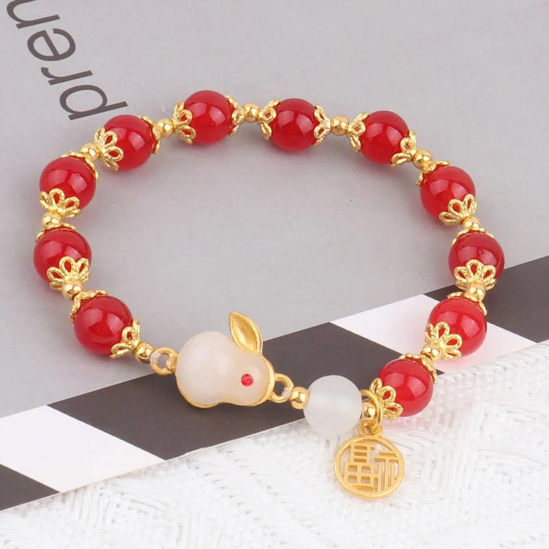 Hetian Jade Rabbit Charm Bracelet Red Marau Hand-woven Rope Beaded Bracelets