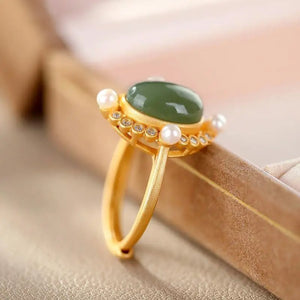 Gray Jade Open Ring with Pearl Grace High-End Jade Jewelry