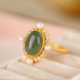 Gray Jade Open Ring with Pearl Grace High-End Jade Jewelry