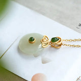 Retro S925 Silver Gold-Plated Gray Jade Safety Buckle Pendant Necklace