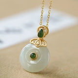 Retro S925 Silver Gold-Plated Gray Jade Safety Buckle Pendant Necklace