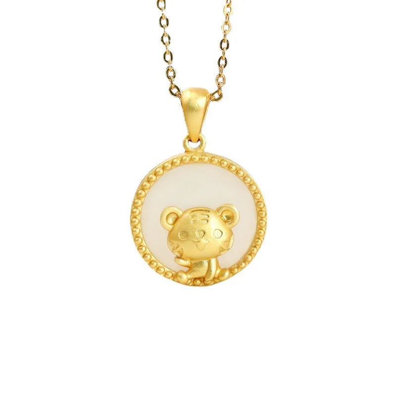 Hetian Jade Tiger Necklace S925 Silver Sapphire Inlaid Zodiac Pendant
