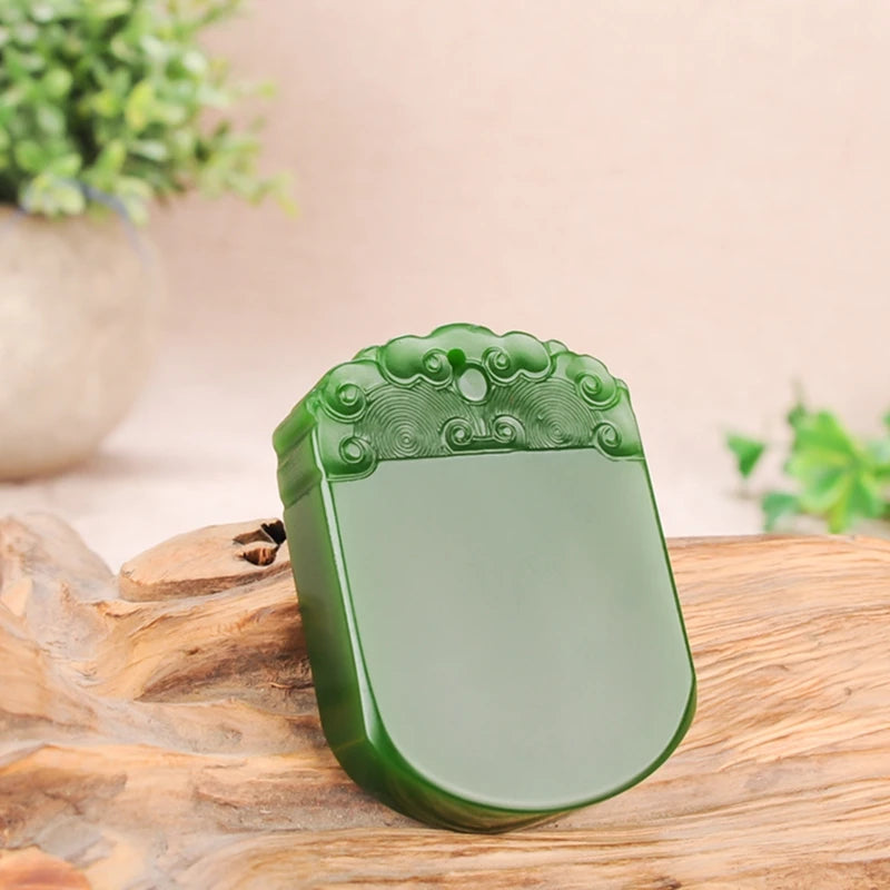 Hetian jade green jade peace pendant Xiangyun pattern jade necklace