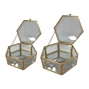 Hexagon Brass Glass Ring Trinket Box Mirror Wedding Ring Box