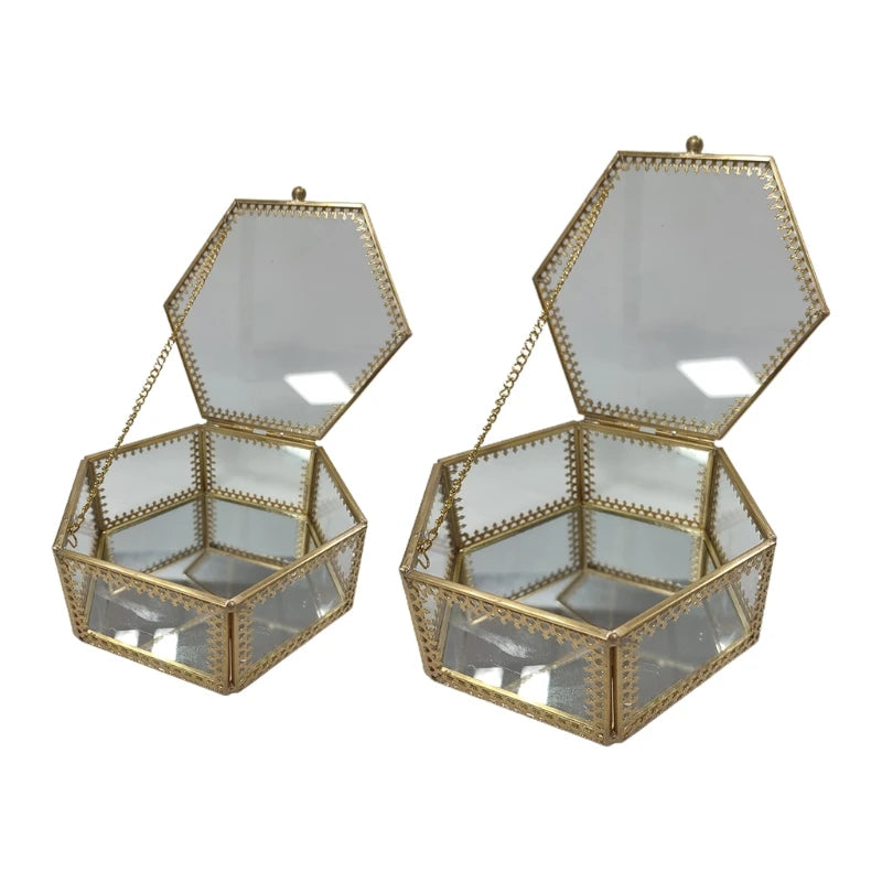 Hexagon Brass Glass Ring Trinket Box Mirror Wedding Ring Box