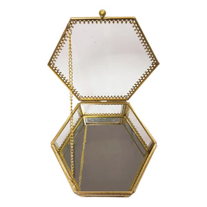 Hexagon Brass Glass Ring Trinket Box Mirror Wedding Ring Box
