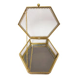 Hexagon Brass Glass Ring Trinket Box Mirror Wedding Ring Box