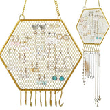 Hexagon Metal Grid Earring Holder Wall Hanging Display Stand with Hooks