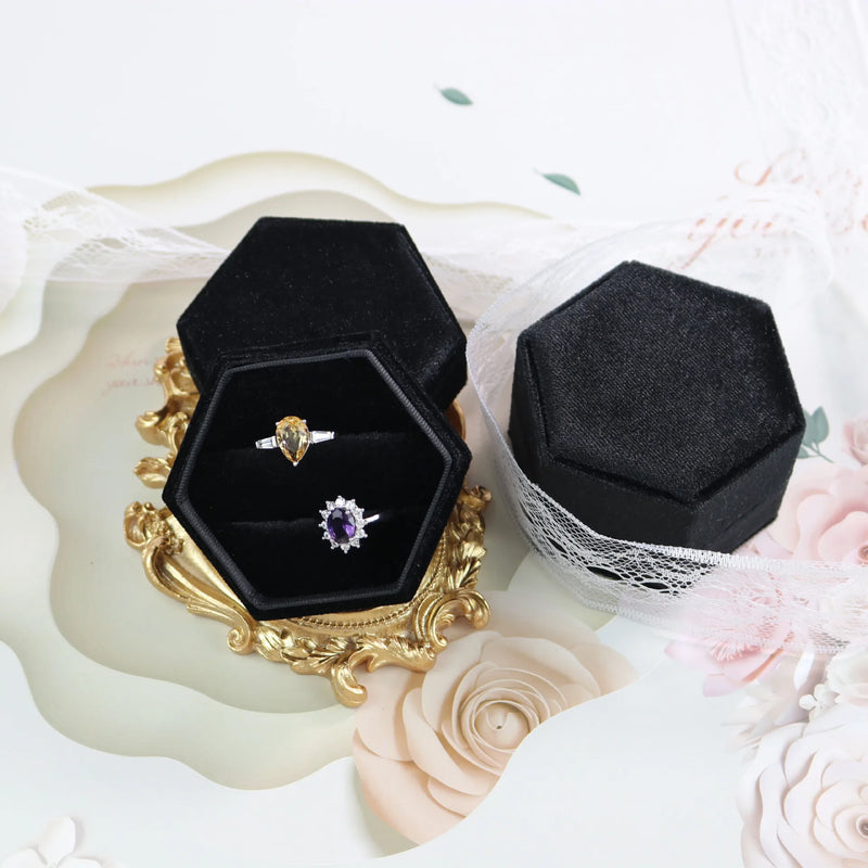 Hexagon Shape Velvet Jewelry Box Double Ring Storage Box