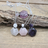 Hexagon Slab Crystal Oil Vial Pendant Necklace Rose Quartz Perfume Bottle Choker