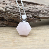 Hexagon Slab Crystal Oil Vial Pendant Necklace Rose Quartz Perfume Bottle Choker