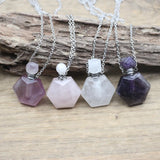 Hexagon Slab Crystal Oil Vial Pendant Necklace Rose Quartz Perfume Bottle Choker