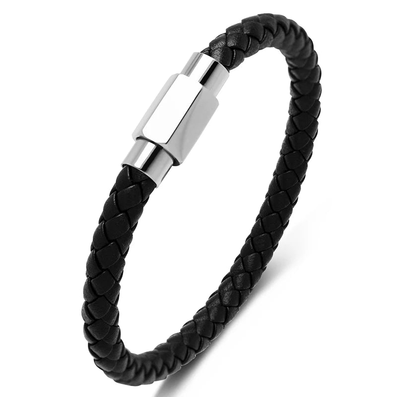 Stainless Steel Buckle Leather Braided Bracelet Hexagon Charm Bangle P651
