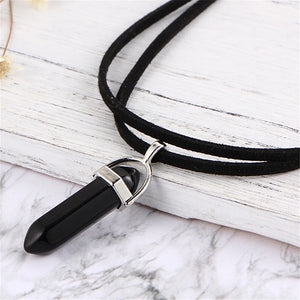 Hexagonal Column Crystal Pendant Leather Necklace