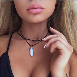 Hexagonal Column Crystal Pendant Leather Necklace
