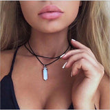 Hexagonal Column Crystal Pendant Leather Necklace