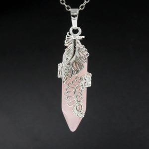 Hexagonal Crystal Peacock Pendant Feather Wrapped Healing Amethysts