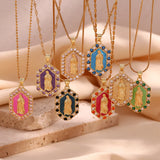 Hex Zircon Pearl Enamel Mary Pendant Necklace 18K Plated Stainless Steel