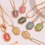 Hex Zircon Pearl Enamel Mary Pendant Necklace 18K Plated Stainless Steel