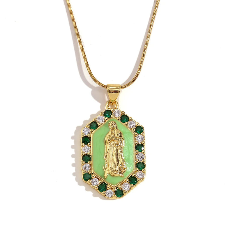 Hex Zircon Pearl Enamel Mary Pendant Necklace 18K Plated Stainless Steel