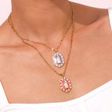 Hex Zircon Pearl Enamel Mary Pendant Necklace 18K Plated Stainless Steel