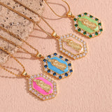 Hex Zircon Pearl Enamel Mary Pendant Necklace 18K Plated Stainless Steel