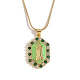 Hex Zircon Pearl Enamel Mary Pendant Necklace 18K Plated Stainless Steel