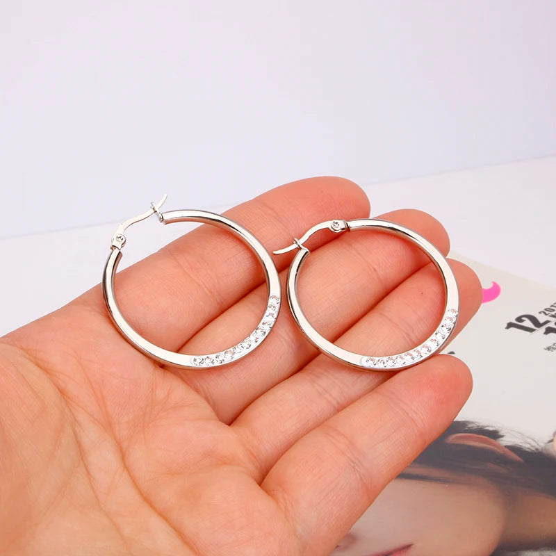 Stainless Steel Rhinestone Hoop Earrings for Women