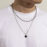 Men's Double-Layered Pearl Necklace with Rhinestone Pendant